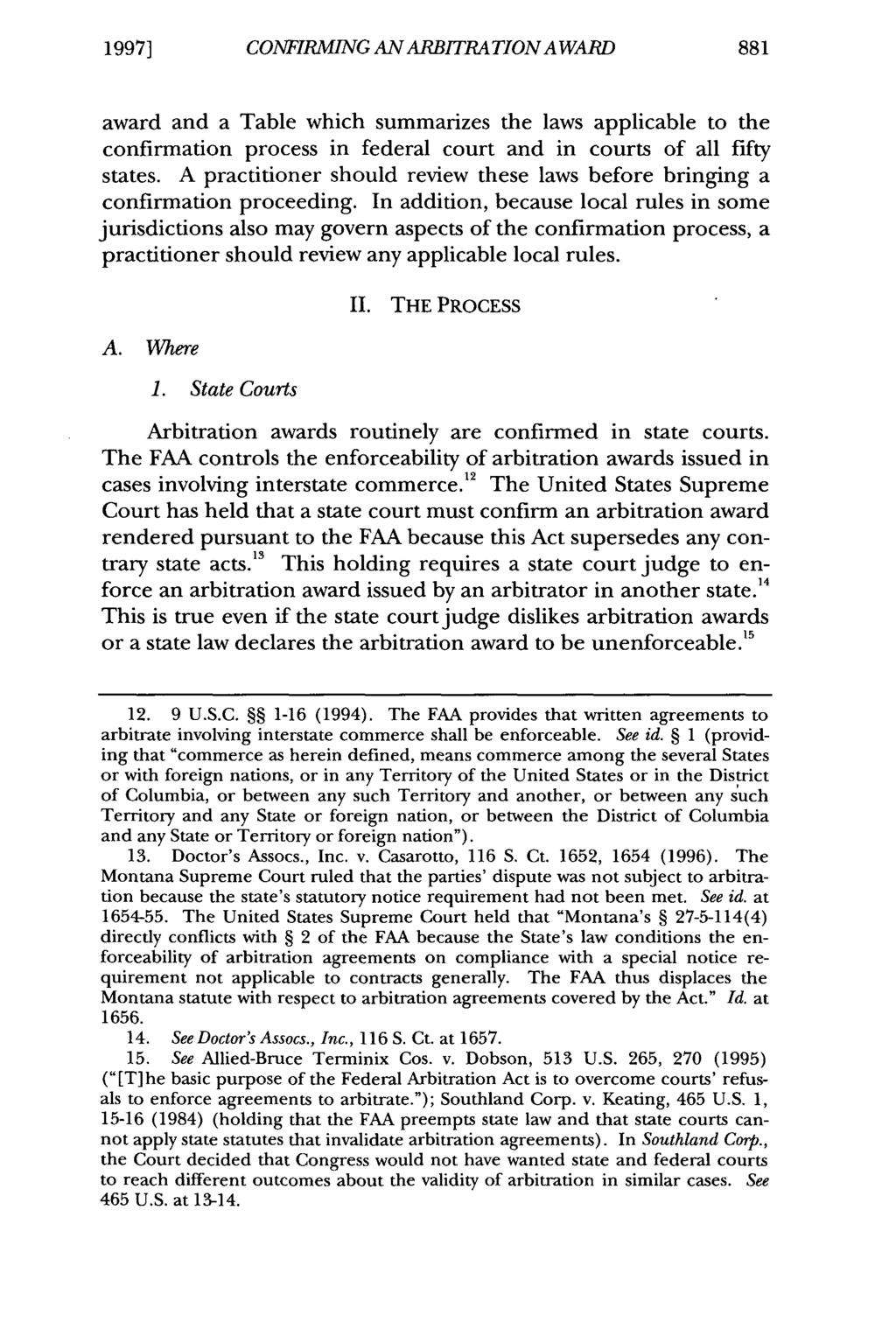 1997] CONFIRMING Derner and Haydock: AN Confirming ARBITRATION an Arbitration A WARD Award award and a Table which summarizes the laws applicable to the confirmation process in federal court and in