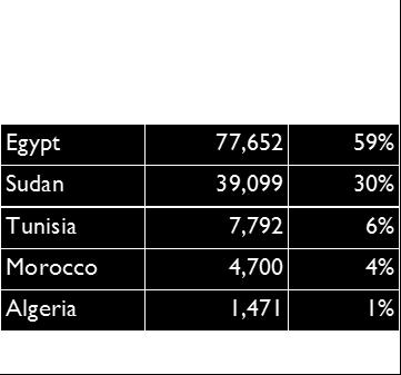 The remaining 33% (130,714 individuals) of African migrants originate from North African countries; 59% of them were