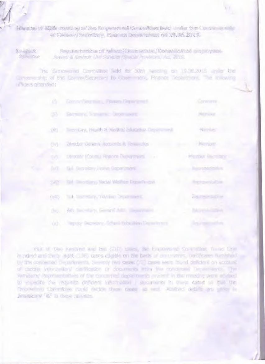 Minutes of SOth meeting of the Empowered Committee held under the Convenership of Commr/Secretary, Finance Department on 19.08.2015.