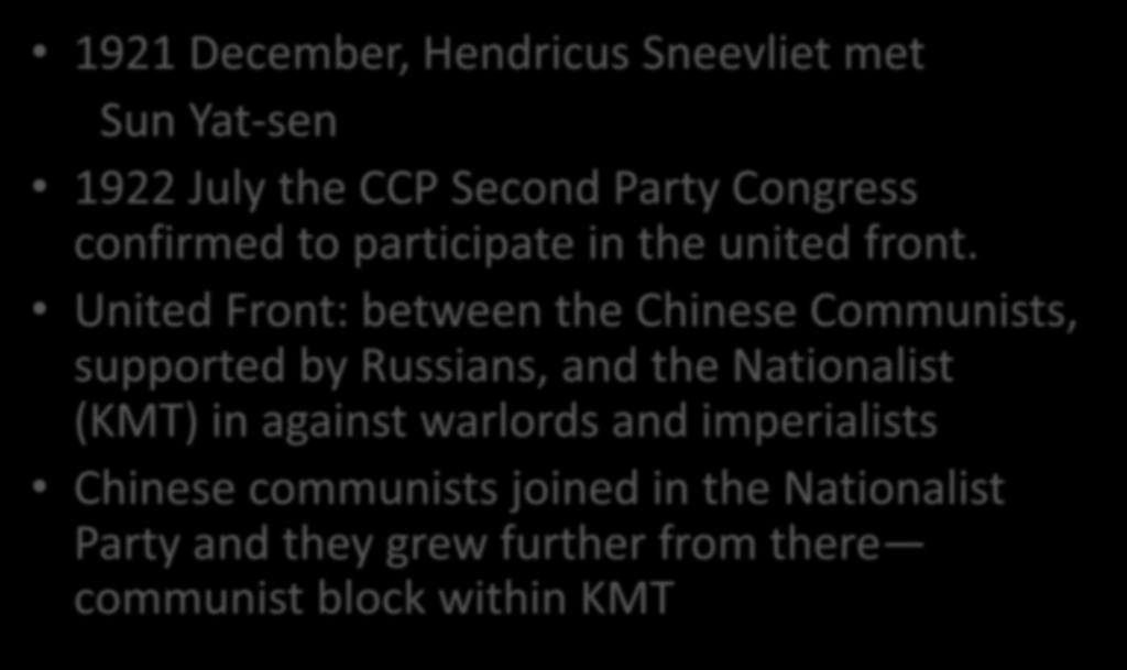 The united front 1921 December, Hendricus Sneevliet met Sun Yat-sen 1922 July the CCP Second Party Congress confirmed to participate in the united front.