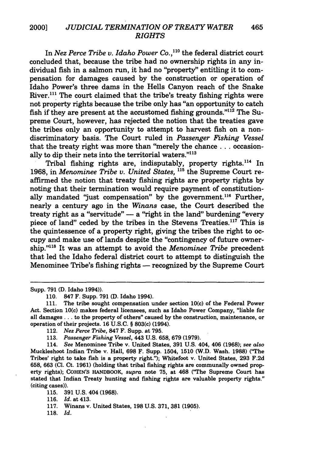 2000] JUDICIAL TERMINATION OF TREATY WATER 465 RIGHTS In Nez Perce Tribe v. Idaho Power Co.