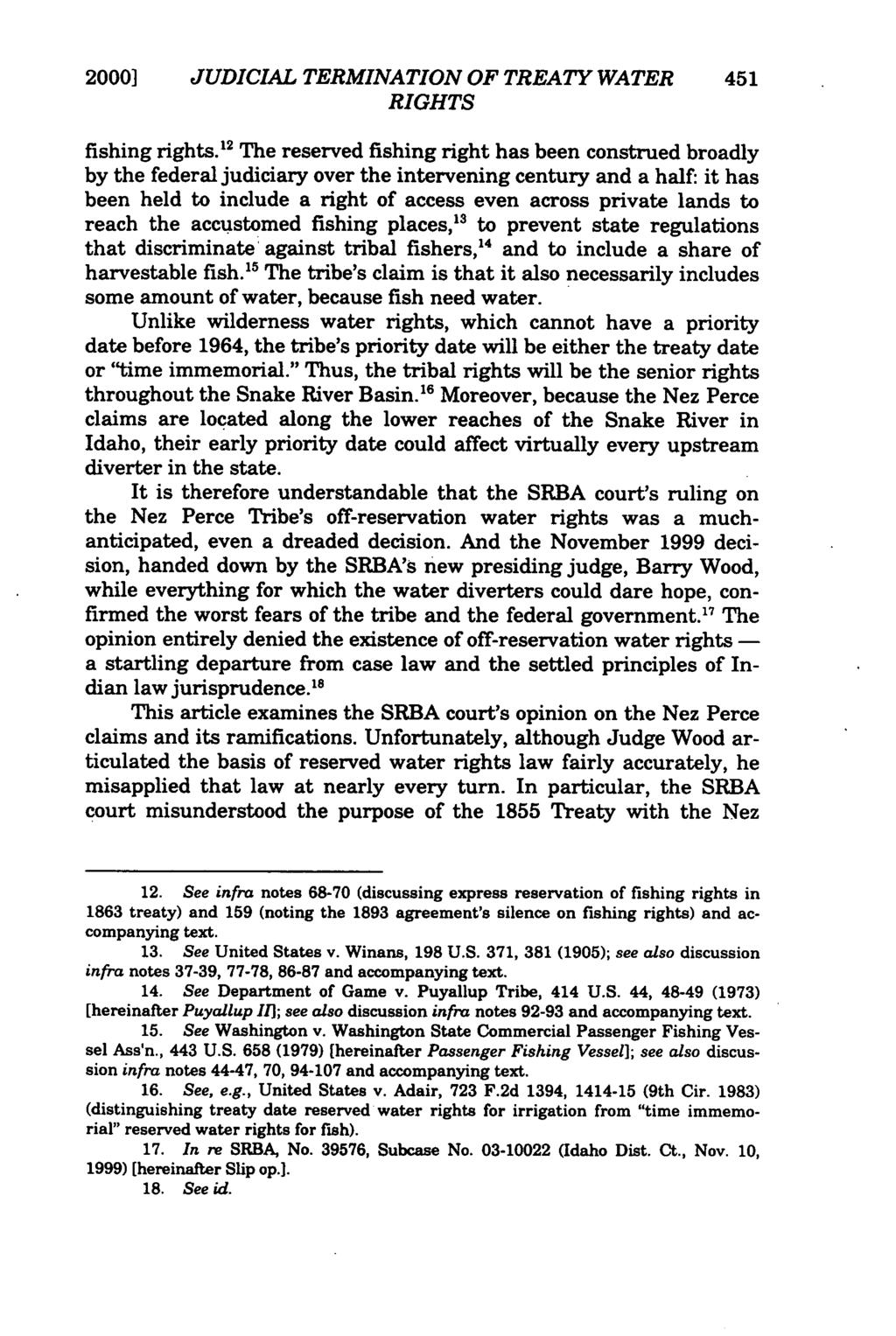 2000] JUDICIAL TERMINATION OF TREATY WATER 451 RIGHTS fishing rights.