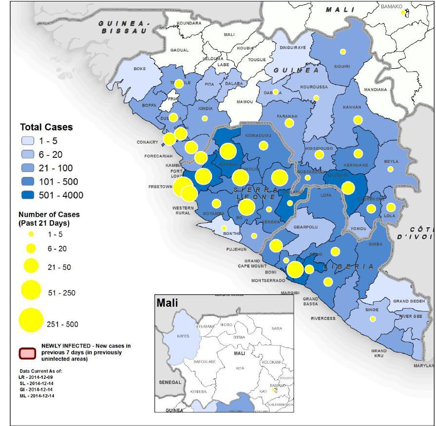 Page 2 6. The map below indicates the geographical distribution of new and total confirmed and probable cases of EVD in Guinea, Liberia, Mali and Sierra Leone.