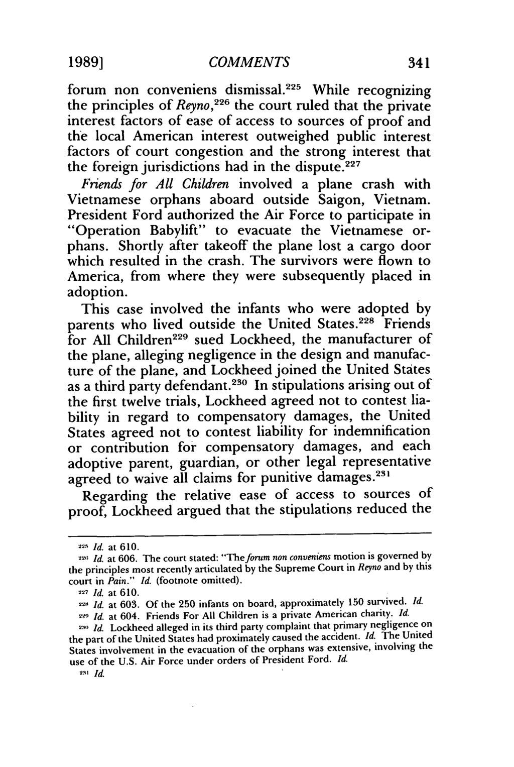 1989] COMMENTS 341 forum non conveniens dismissal.