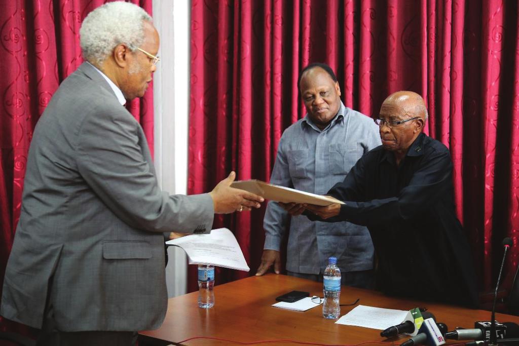 NEC Chairman, Hon. Justice (Rtd.) Damian Z. Lubuva (Right), receiving nomination forms from CHADEMA s Presidential Candidate Mr. Edward Ngoyai Lowasa. Centre is NEC s Vice-Chairman Chief Justice (Rtd.