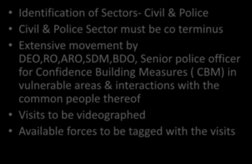 ACTION POINTS ON VULNERABILITY MAPPING Identification of Sectors- Civil & Police Civil & Police Sector must be co terminus Extensive movement by DEO,RO,ARO,SDM,BDO, Senior police