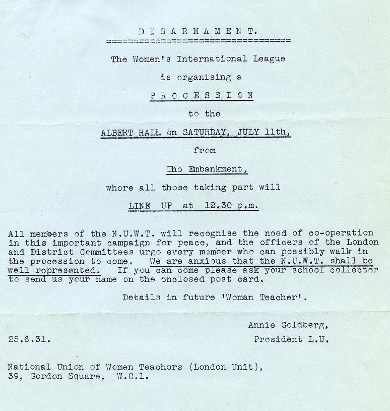 Disarmament Document Description Memorandum from the NUWT Reference: UWT/D/20/85 In the first half of the Twentieth Century, many organisations were working toward the same goals.