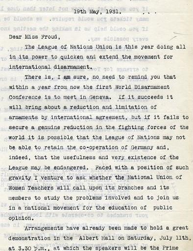 League of Nations Union Document Description Letter from the League of Nations to the National Union of Women Teachers Reference: UWT/D/20/85 The League of Nations was formed as an international