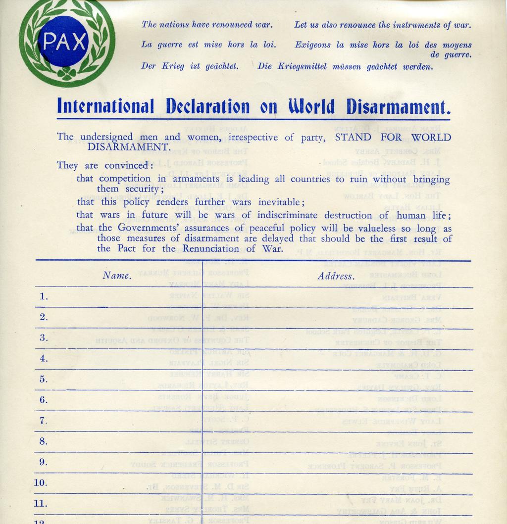 International Declaration Document Description Petition from the Women s International League for Peace and Freedom Reference: UWT/D/18/38 Peace-making organisations like the Women s International