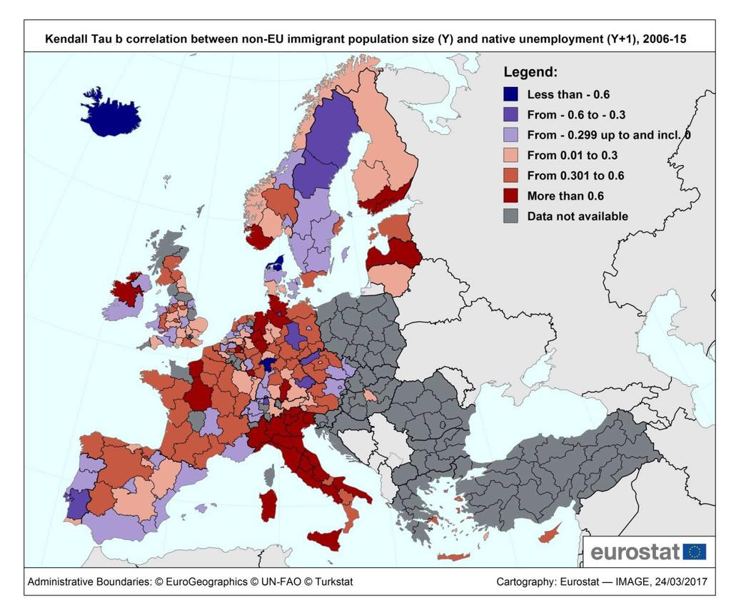 Correlations on non-eu immigration and native unemployment, region (NUTS2) findings Map 4: Correlation between non-eu immigration (active population 15-74) in year Y and native unemployment in year