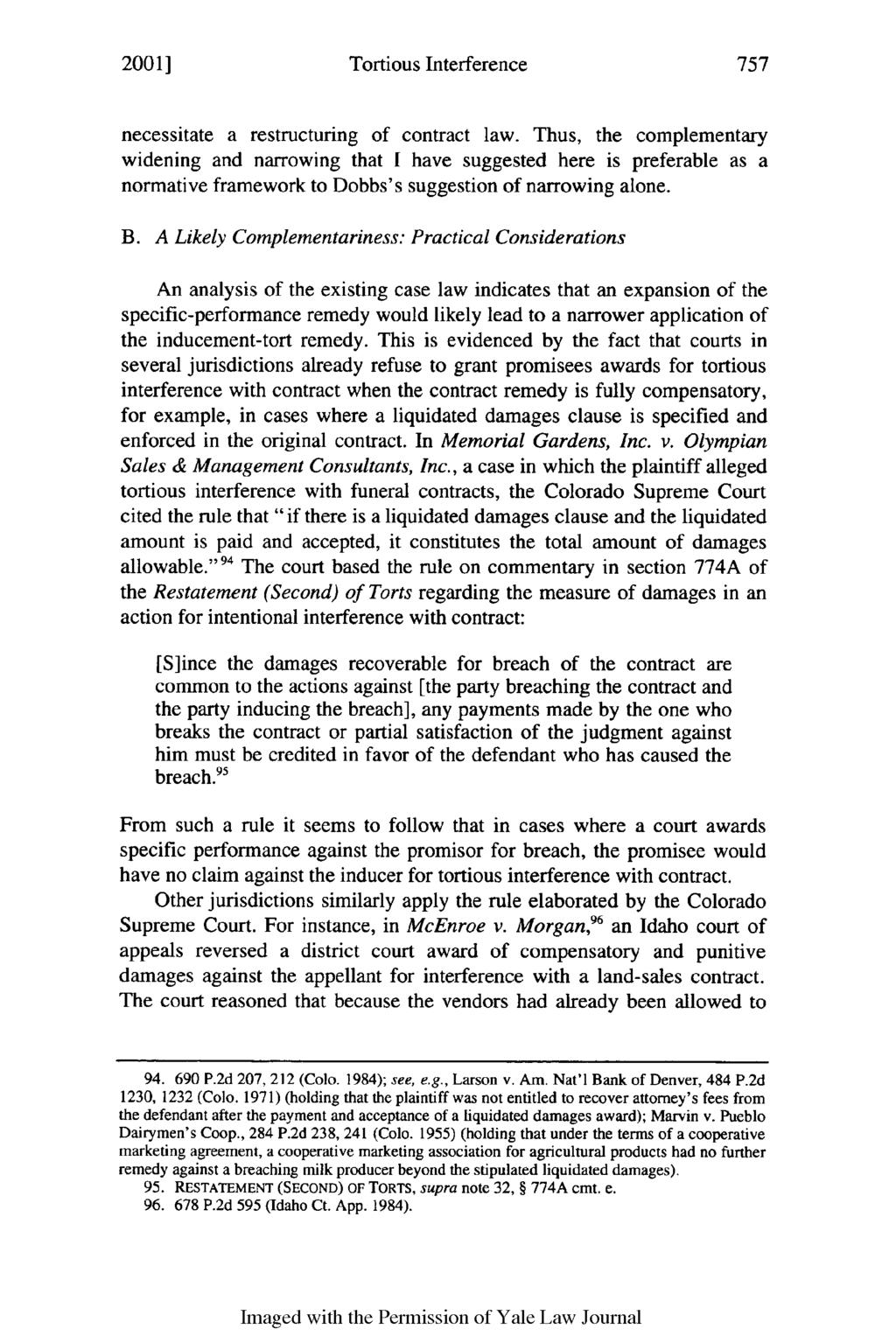 2001] Tortious Interference necessitate a restructuring of contract law.