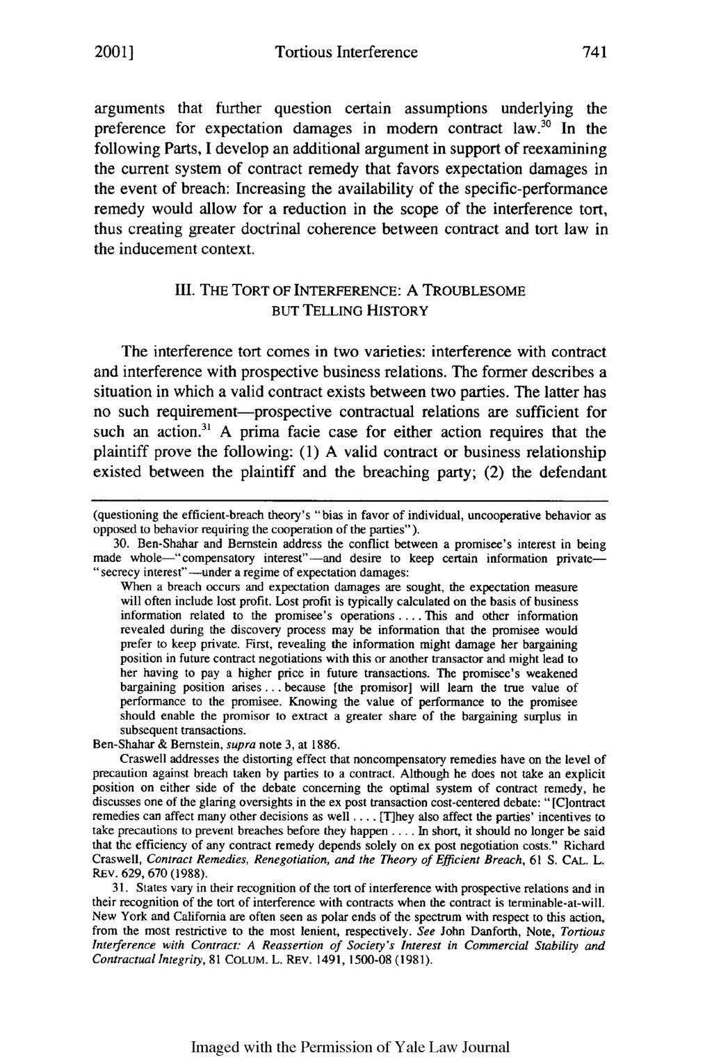 2001] Tortious Interference arguments that further question certain assumptions underlying the preference for expectation damages in modem contract law.