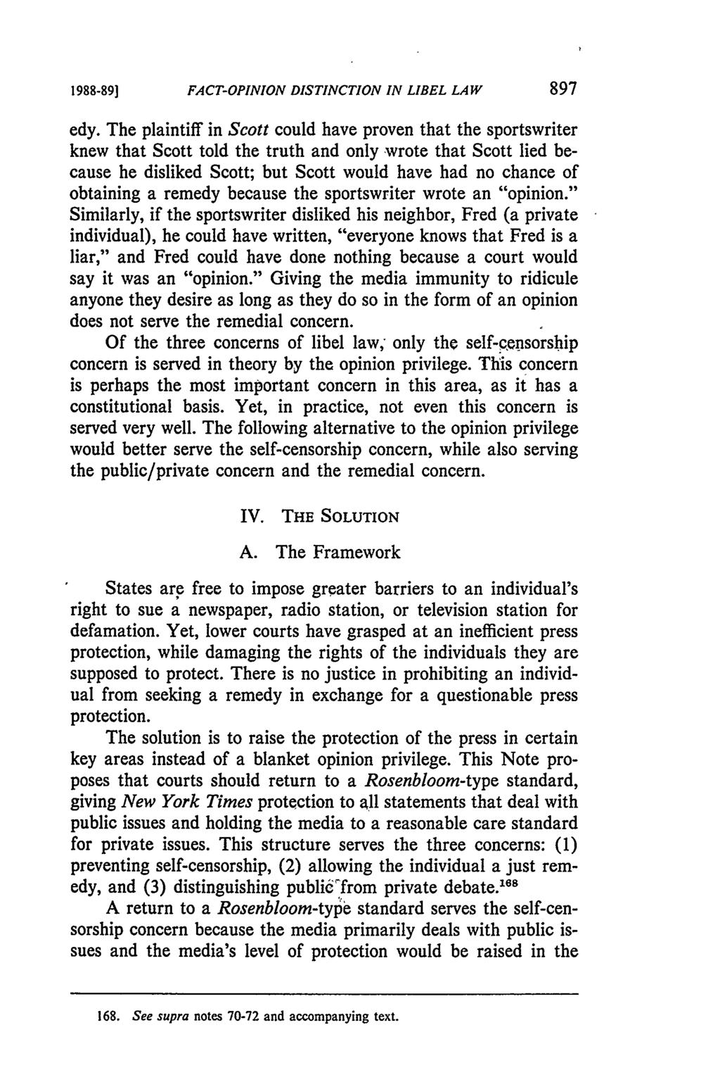 1988-891 FACT-OPINION DISTINCTION IN LIBEL LAW edy.