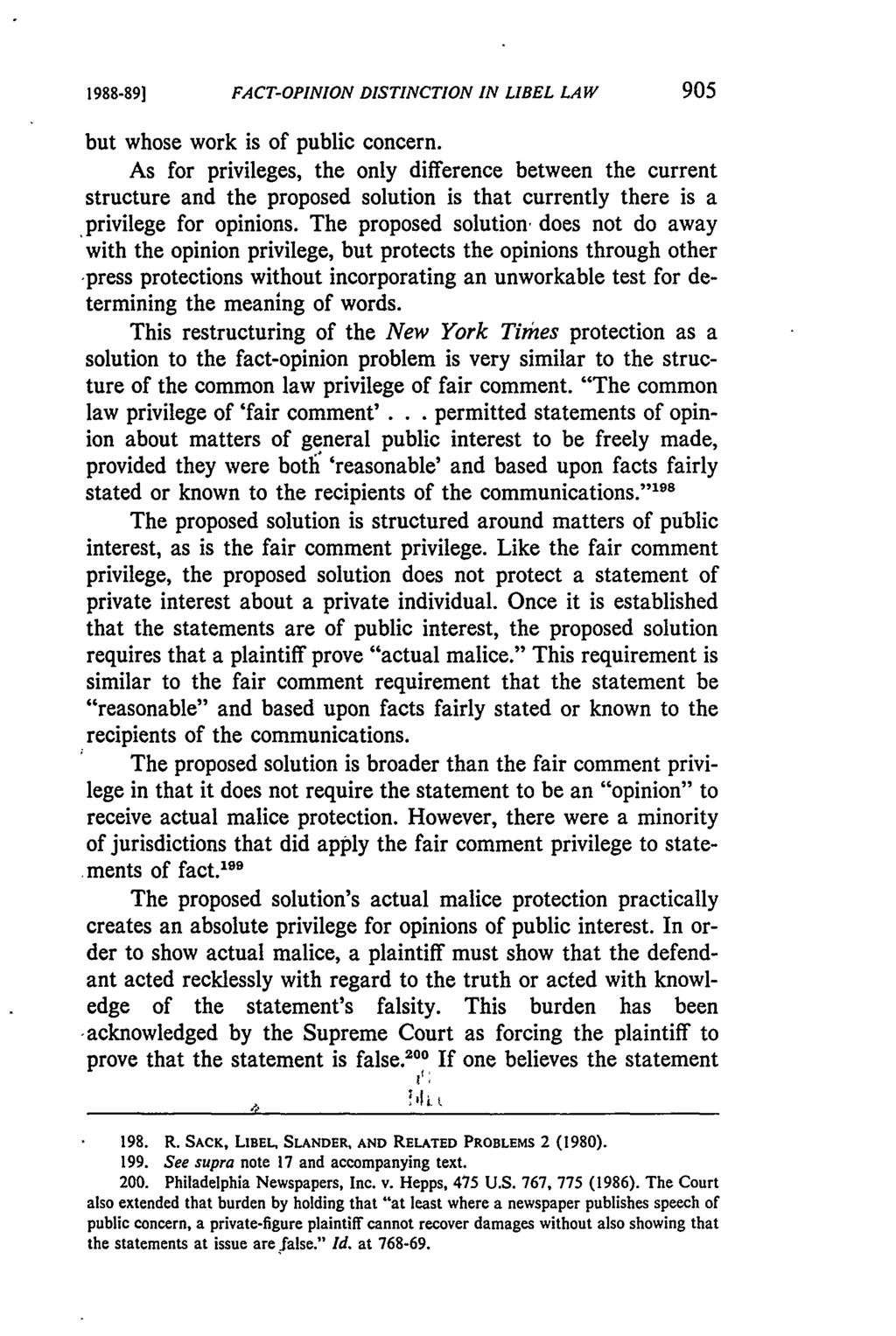 1988-891 FACT-OPINION DISTINCTION IN LIBEL LAW but whose work is of public concern.