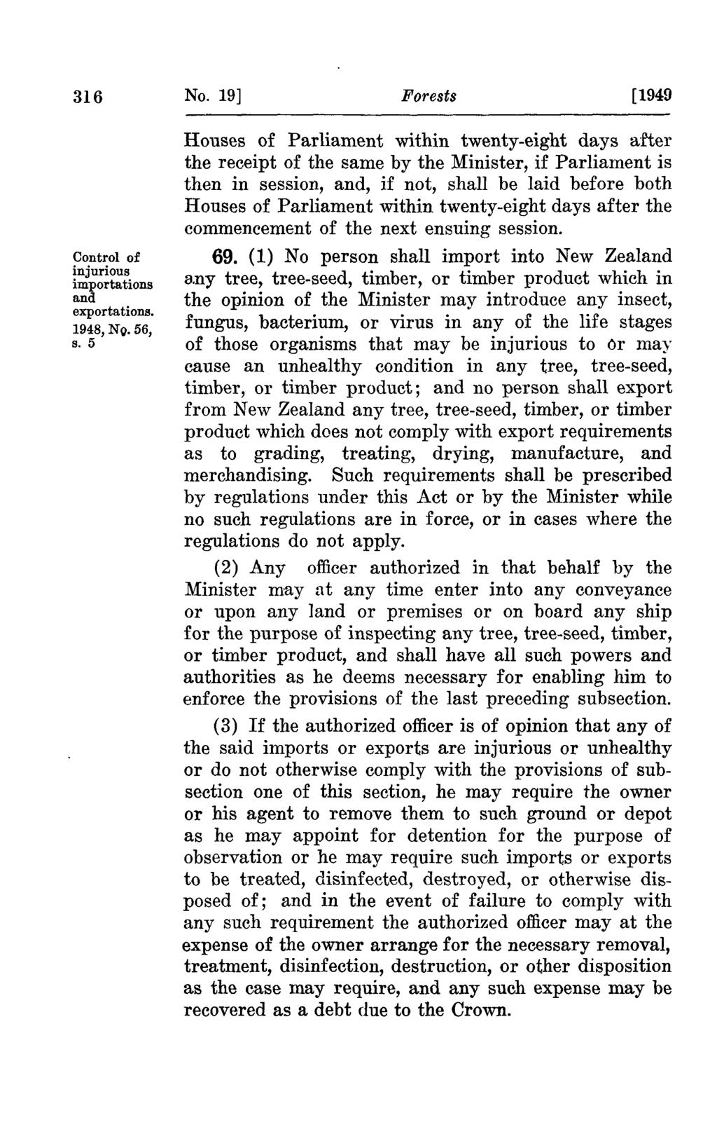 316 Control of injurious importations and exportations. 1948, NO. 56, s. 5 No.
