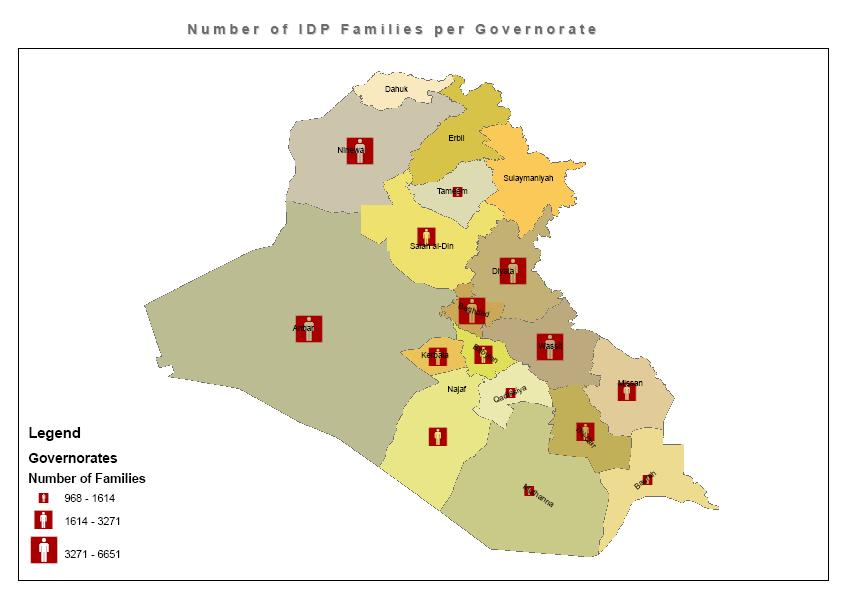 Ninewa, and Diyala in the center also hosted many IDPs. In the south, IDPs are more evenly distributed, with most IDPs having fled to Babylon and Wassit.