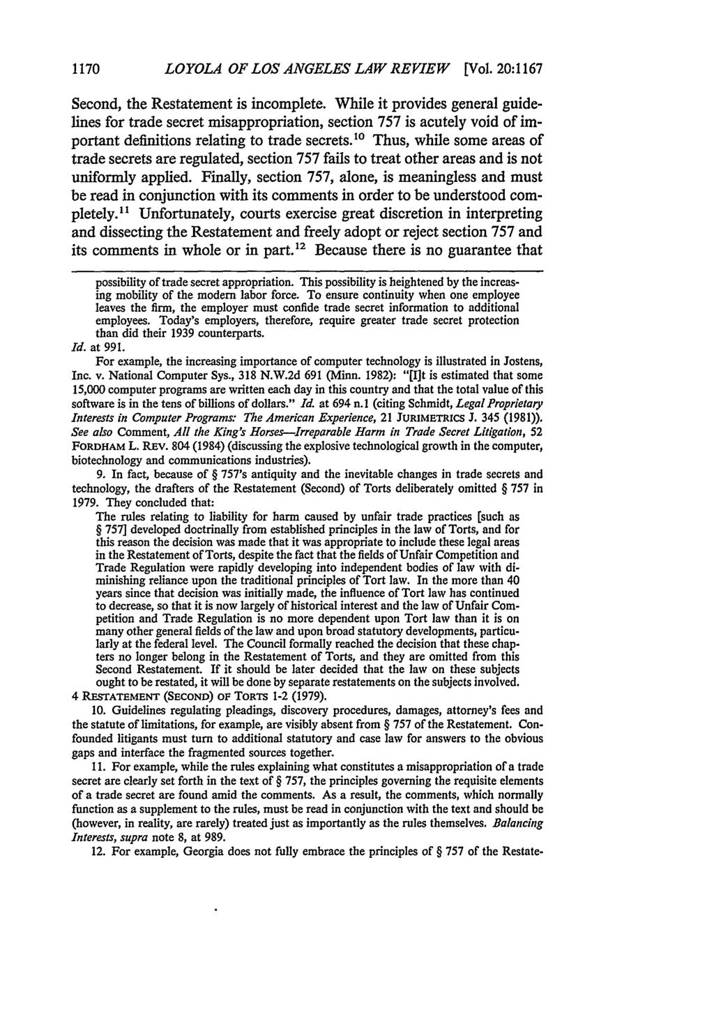1170 LOYOLA OF LOS ANGELES LAW REVIEW [Vol. 20:1167 Second, the Restatement is incomplete.