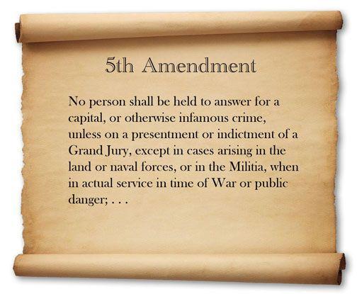 5th Amendment No person shall be held to answer for a crime without indictment by a Grand Jury No person shall be subject to trial for the same crime twice No person shall be compelled to