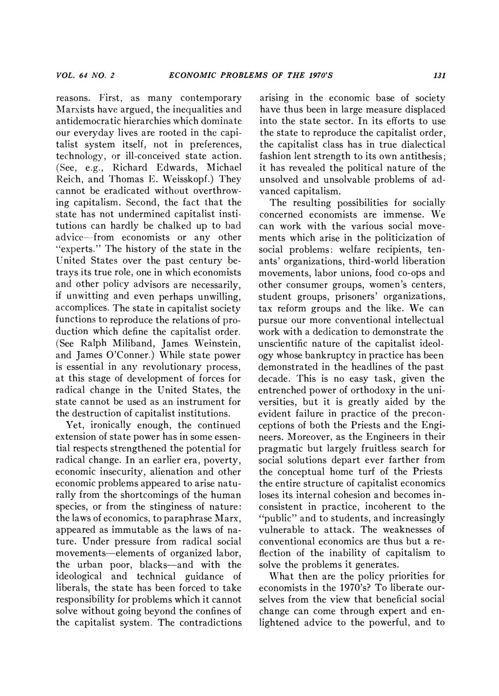 VOL. 64 NO. 2 ECONOMIC PROBLEMS OF THE 1970'S 131 reasons.
