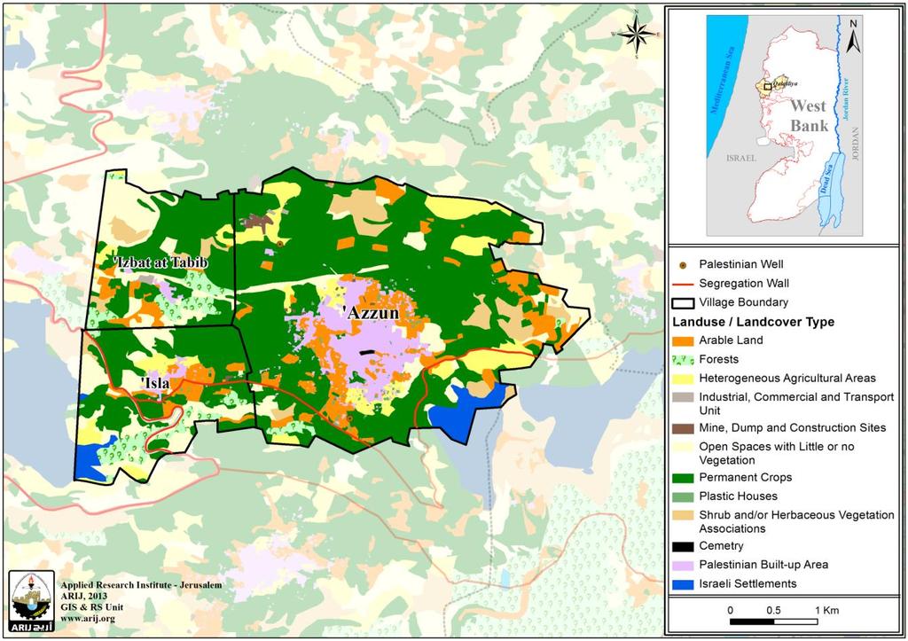 Map 3: Land use/land cover and Segregation Wall in Azzun Town Source: ARIJ - GIS Unit, 2013 Table 6 shows the different types of rain-fed and irrigated open-cultivated vegetables in Azzun.
