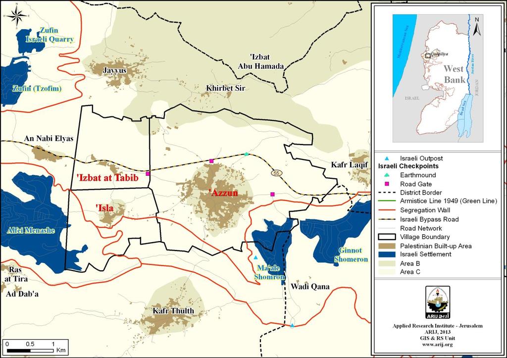 Azzun Town Profile 1 Location and physical characteristics Azzun (including Isla & Izbat at Tabib localities) is a Palestinian town in, located 7-9km west of Qalqiliya City.