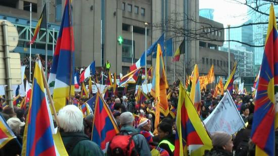 Tibetans and their supporters gathered to march through the streets of Brussels, convening at a rally at Le Mont Des Arts addressed by Kirti Rinpoche; Penpa Tsering, Speaker of the Tibetan Parliament