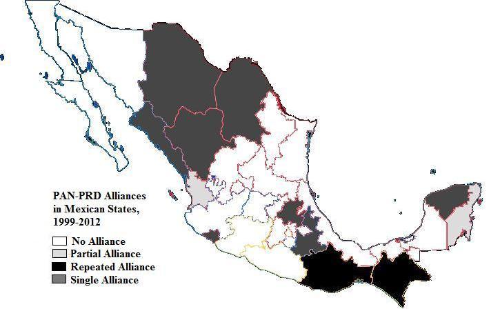 Map 3. PAN-PRD Alliances, 1999-2012 Source: Adapted from Mexico Governor s Map. Wikimedia Commons. Updated data from Instituto de Mercadotécnia y Opinión.