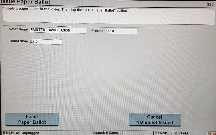 How to Process a Voter After the signature has been accepted, the Issue Paper Ballot screen appears.