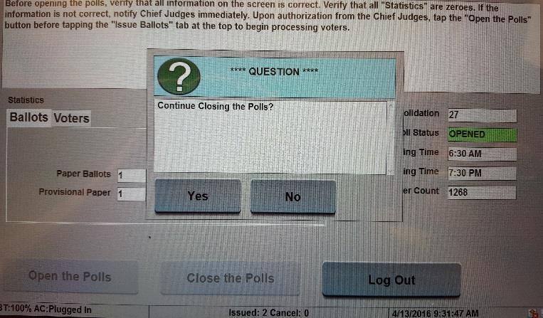 box asks Continue Closing the Polls.