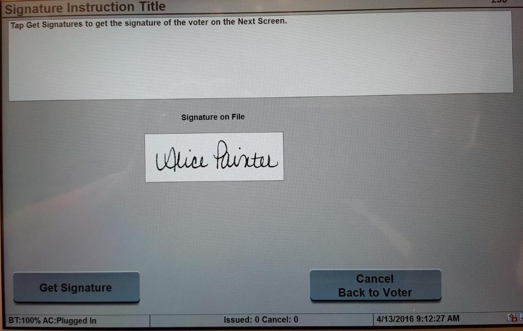 How to Process a Voter The Signature Instruction Title screen displays the