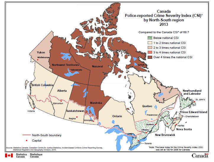 Figure 3: Police-reported Crime Severity Index (CSI) by North-South region The two northern regions of Ontario and Quebec stand out as having larger population centres, including Thunder Bay, Sudbury