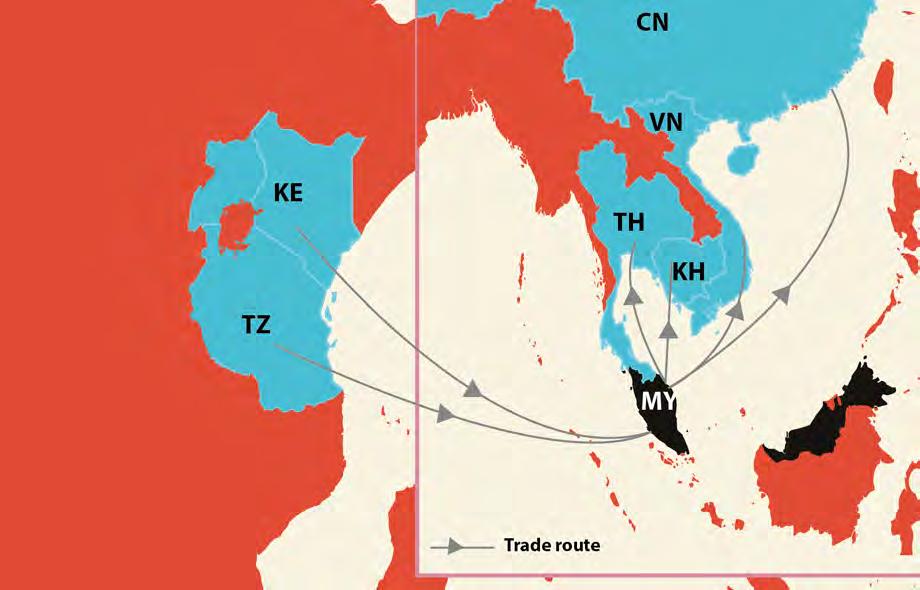When compared to trade patterns observed in the period 2000 2008, this appears to represent a change in smuggling routes when Malaysia s role in the trade was minimal.