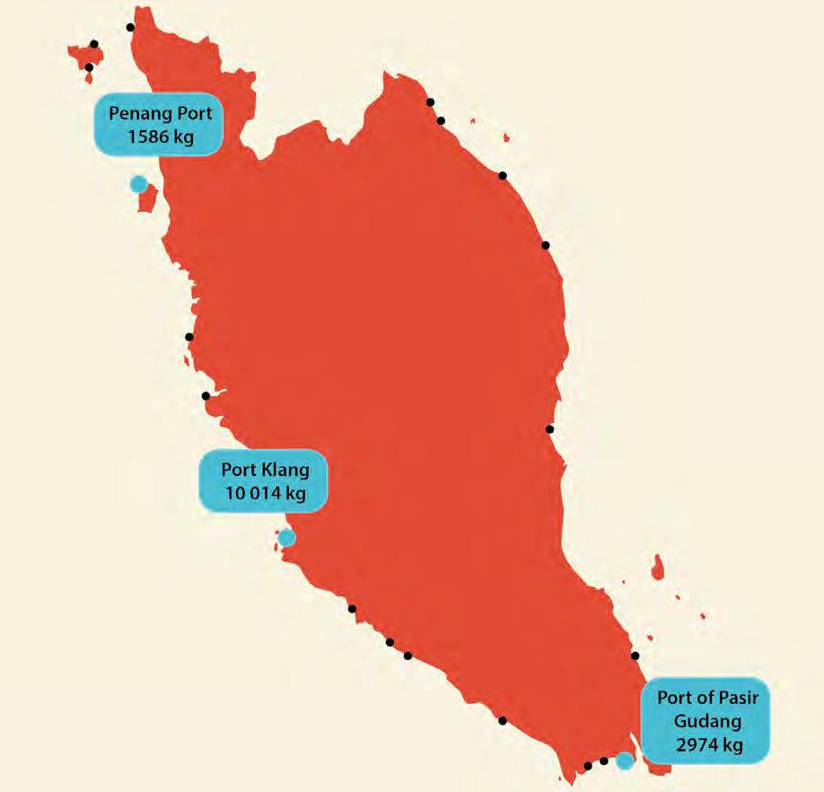 Figure 12: Peninsular Malaysia s seaports and the three ports in which ivory seizures took place Source: TRAFFIC Port Klang, where four of the six large-scale ivory seizures were made, is the main
