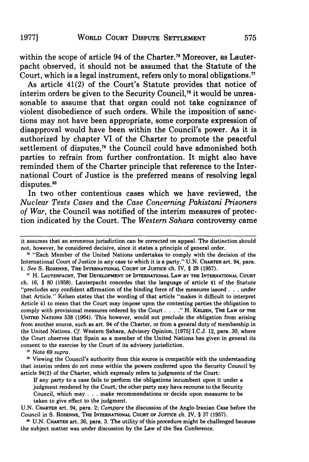 1977] WORLD COURT DISPUTE SETTLEMENT within the scope of article 94 of the Charter.