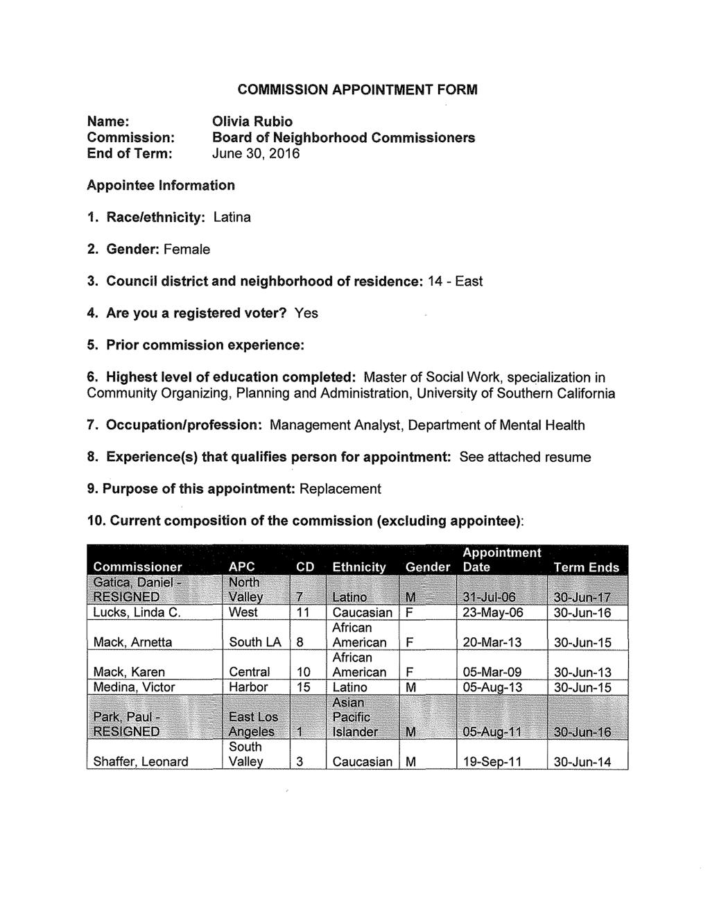 COMMISSION APPOINTMENT FORM Name: Commission: End of Term: Olivia Rubio Board of Neighborhood June 3D, 2016 Commissioners Appointee Information 1. Race/ethnicity: Latina 2. Gender: Female 3.