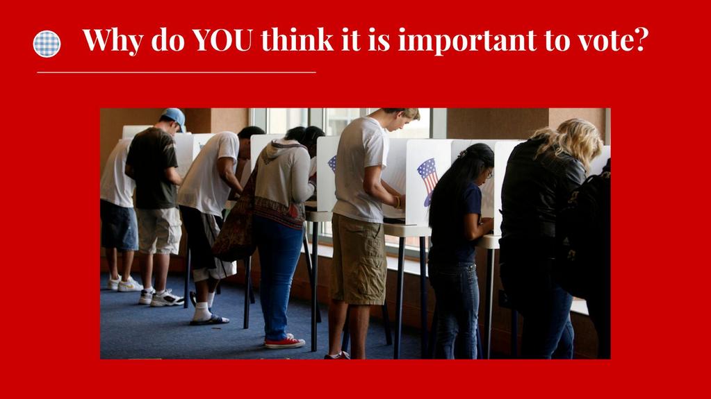Slide #5: Why Vote? 3 minutes 11 Ask participants to share why they think it is important to vote. Participants are sometimes hesitant to share.
