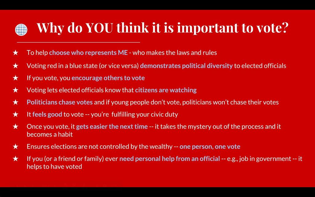 Slide 6: Reasons for Voting 1 minute 12 Slide #6 shows a number of reasons that