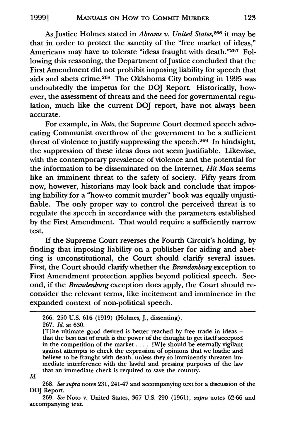 1999] Dailey: MANUALS Rice v. Paladin ON Enterprises, HOW TO Inc.: COMMIT Does the First MURDER Amendment Prote 123 As Justice Holmes stated in Abrams v.