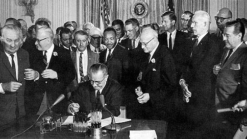 CIVIL RIGHTS ACT OF 1964 In July of 1964, LBJ pushed the Civil Rights Act through Congress The Act prohibited discrimination based on race, color,