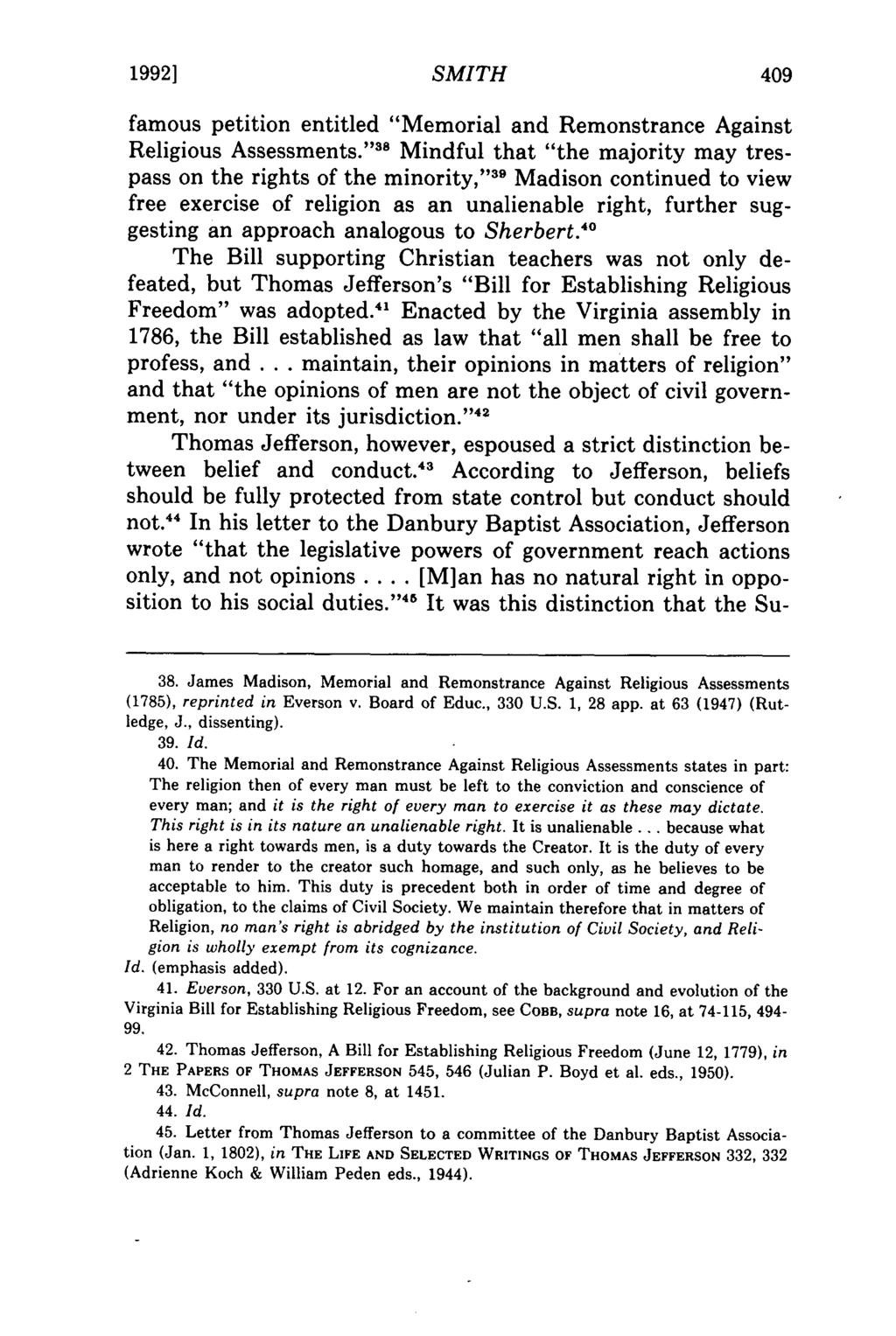 1992] SMITH famous petition entitled "Memorial and Remonstrance Against Religious Assessments.