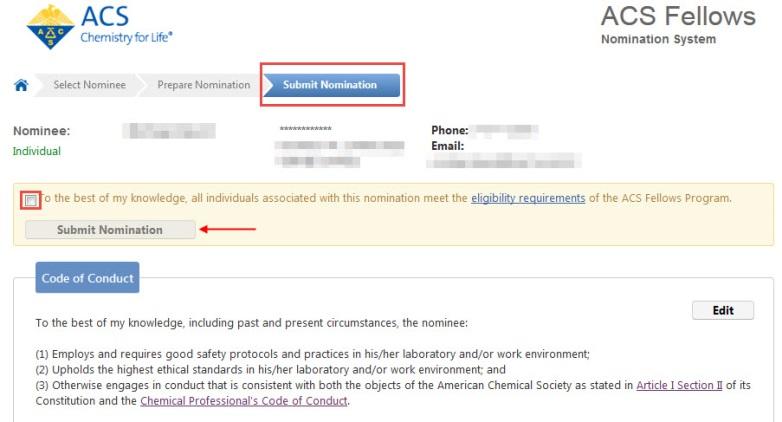 5.2 Submit Nomination Once you are satisfied with your nomination, you must review the statement at the top of the Submit Nomination screen and select the checkbox.