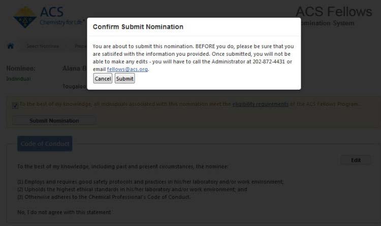 Selecting Cancel will return you back to the Preview Nomination screen where you can edit your nomination.