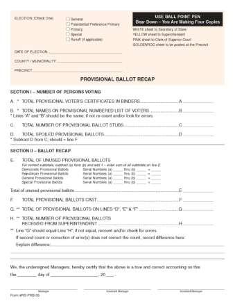 Provisional Ballot Recap NOTE: EVEN IF YOU HAVE NO PROVISIONAL BALLOTS - YOU MUST COMPLETE A PROVISIONAL BALLOT RECAP SHOWING ZERO'S ON LINES A, B, C, D, AND F.