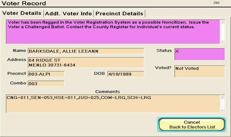 If a black X with a lavender background is in the status column the poll worker is to have the voter contact the board of registrars.