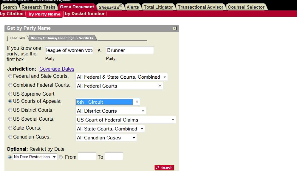 If you have only the name of the case and not the reporter citation, select by Party Name under the Get a Document tab.