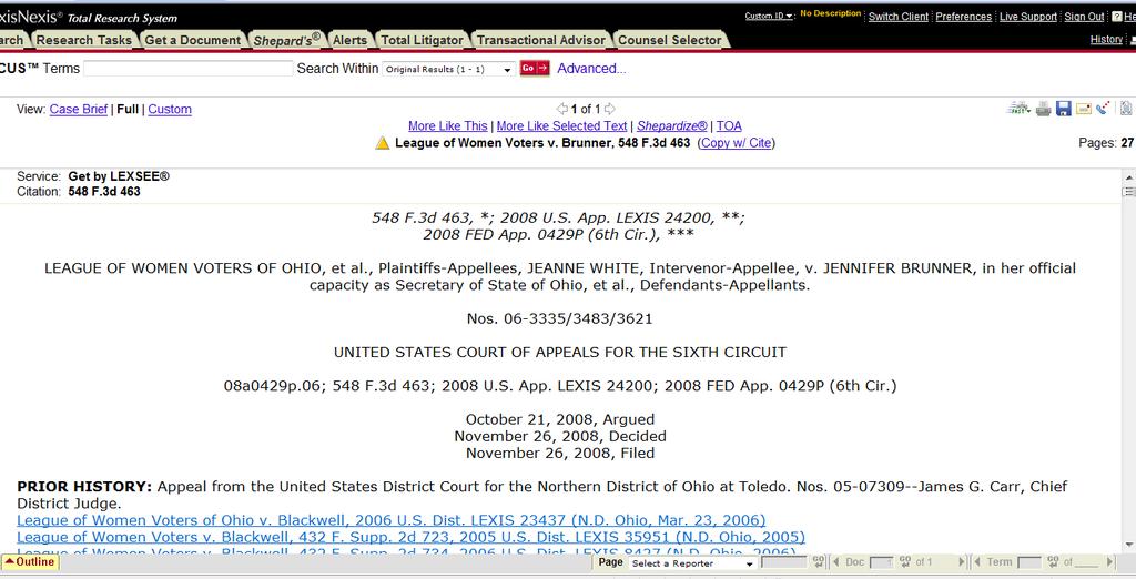 Reading the Parts of a Case At the beginning of each case, you ll see the reporter citation(s), the full case name, the