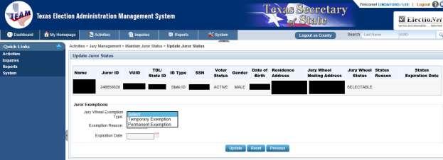 Figure 6.3 Update Juror Status screen To Apply or Remove Permanent and Temporary Exemptions 1.