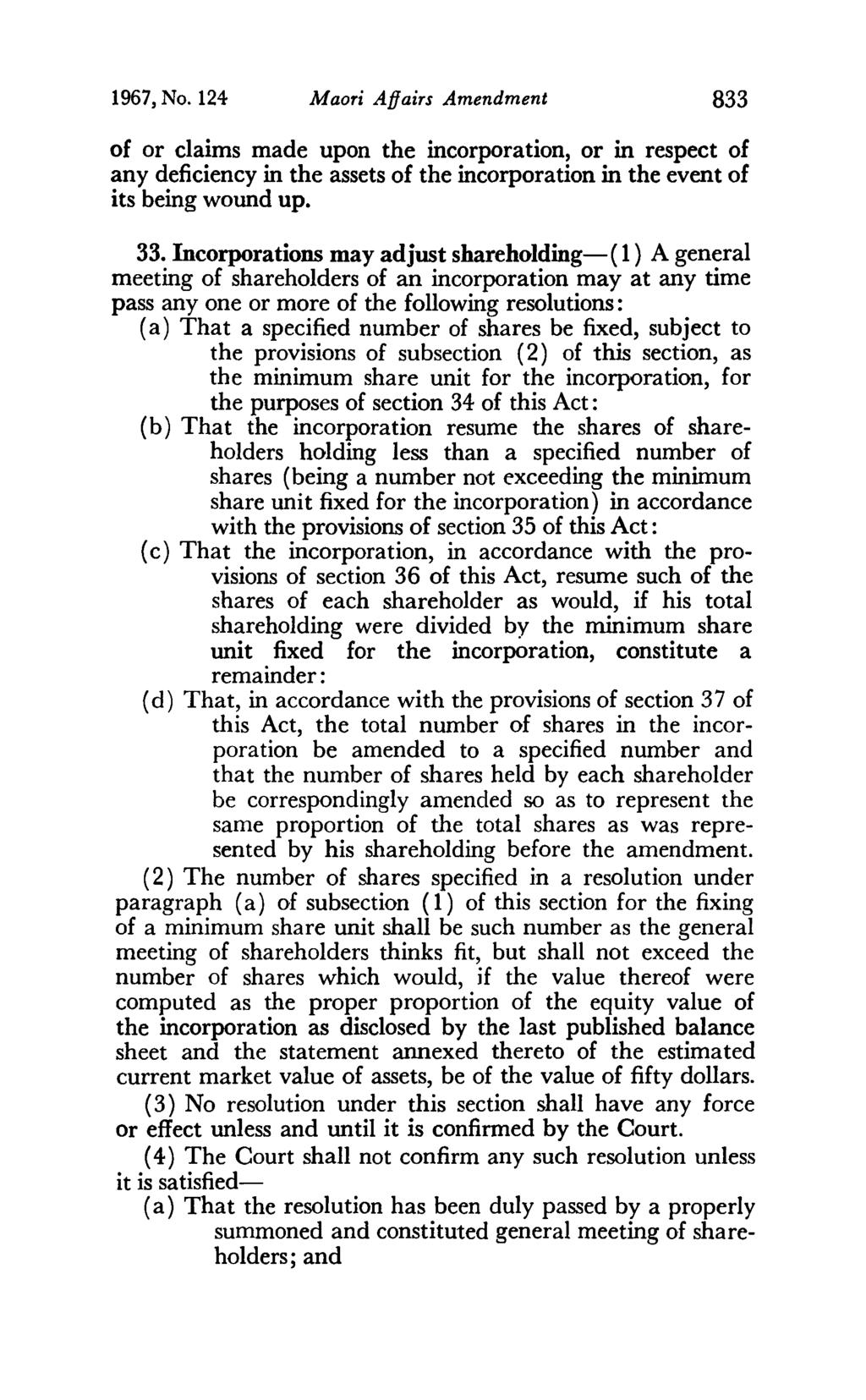 1967, No. 124 Maori Affairs Amendment 833 of or claims made upon the incorporation, or in respect of any deficiency in the assets of the incorporation in the event of its being wound up. 33.