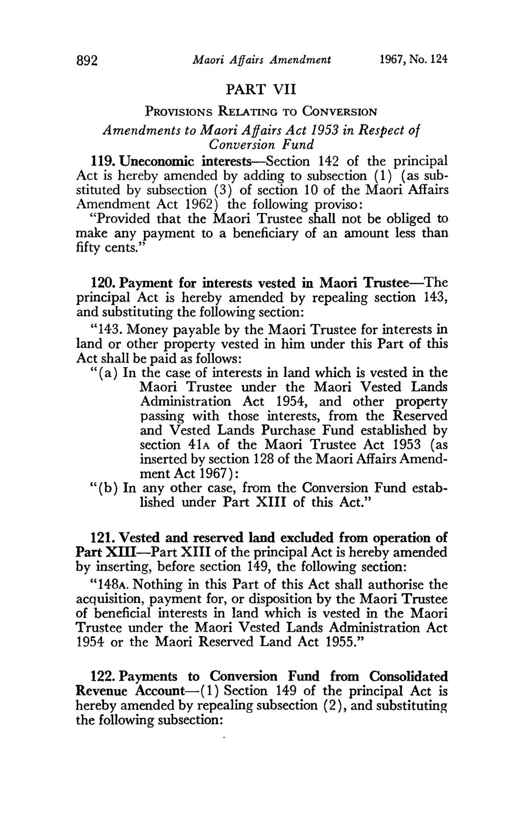 892 Maori Affairs Amendment 1967, No. 124 PART VII PROVISIONS RELATING TO CONVERSION Amendments to Maori Affairs Act 1953 in Respect of Conversion Fund 119.