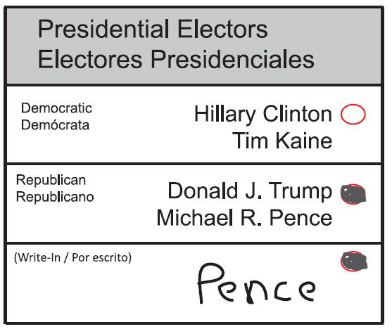Example 2: Printed pair and write-in column both marked, but voter writes in only one-half of the pair In these examples, the voter has marked next to both a printed pair of candidates and next